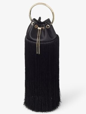 Jimmy Choo Bon Bon Small Fringed Satin Bucket Bag - Black